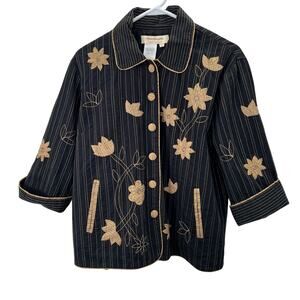 Norm Thompson Blazer Jacket PL Petite L Black Embroidered Floral Studded Cotton